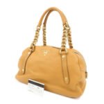 PRADA Logo Leather Chain Shoulder Bag Boston Bag Hand Bag Camel BL0692 Used - 图片 12