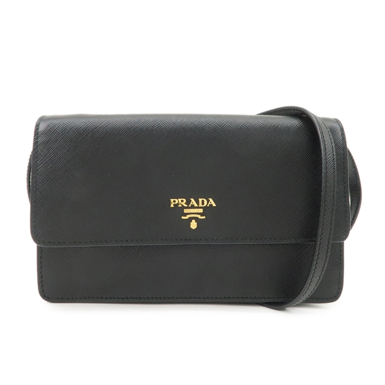 PRADA Saffiano Leather Shoulder Wallet Shoulder Bag Black BT1019