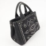 PRADA Canapa Mini Canvas Studs 2Way Shoulder Bag Hand Bag Black B2439G Used - 图片 4