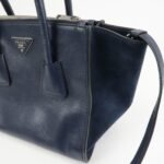 PRADA Triangle Logo Leather 2Way Bag Tote Bag Hand Bag Navy B2625M - 图片 15