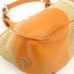 PRADA Triangle Logo Raffia Leather Shoulder Bag Beige Orange - 图片 10