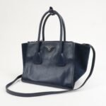 PRADA Triangle Logo Leather 2Way Bag Tote Bag Hand Bag Navy B2625M - 图片 3